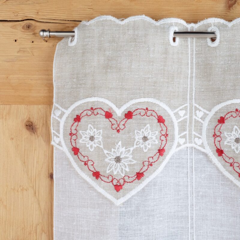 Tendina a vetro in stile tirolese montagna, country shabby chic, Cuore ricamo stelle alpine – 6350, colore rosso