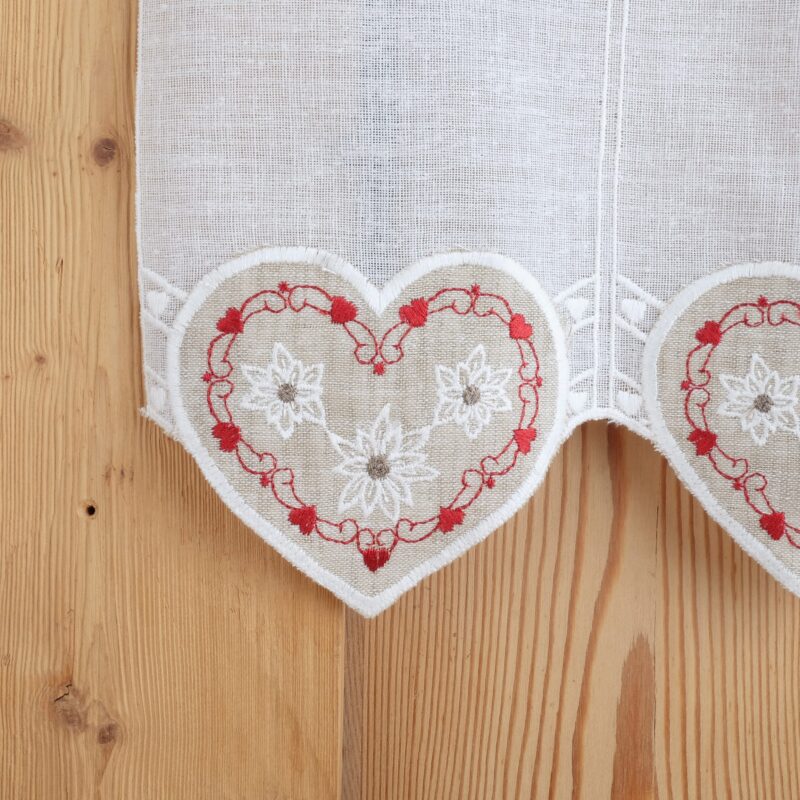 Tendina a vetro in stile tirolese montagna, country shabby chic, Cuore ricamo stelle alpine – 6350, colore rosso