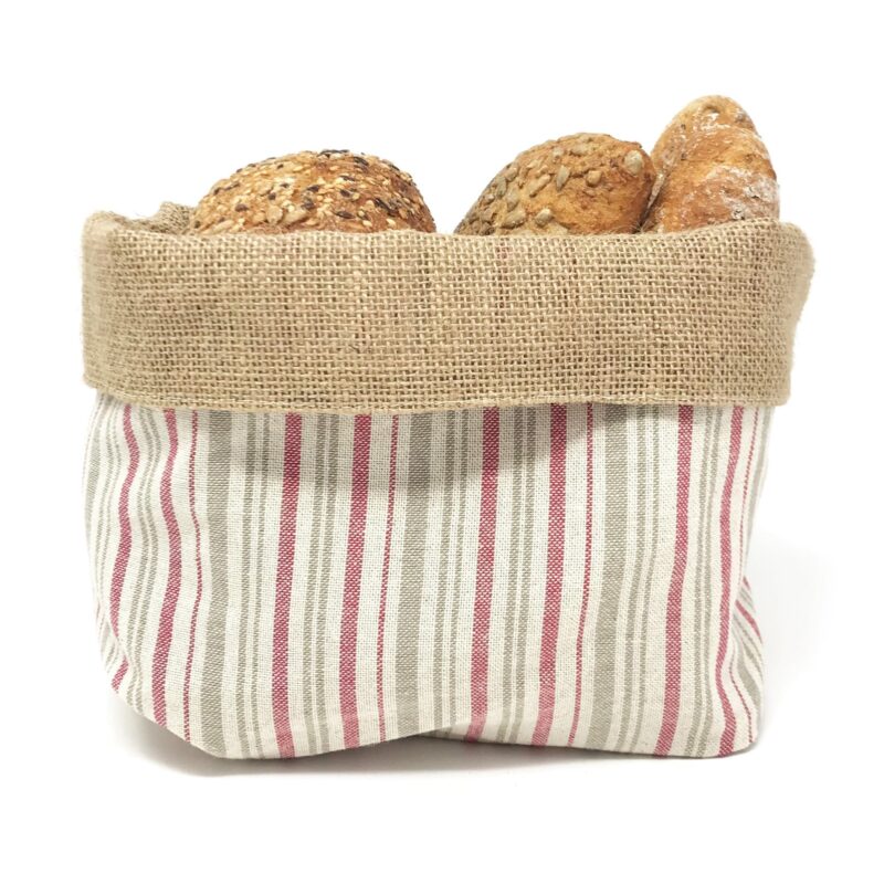 Gaidra Cesto Cestino Porta-Pane in Tessuto Iuta e Cotone Doubleface – Sacchetto di Design Fatto con qualità Artigianale in Fibre Naturali – Rigato, rosso, 28 x 20 x 10 cm