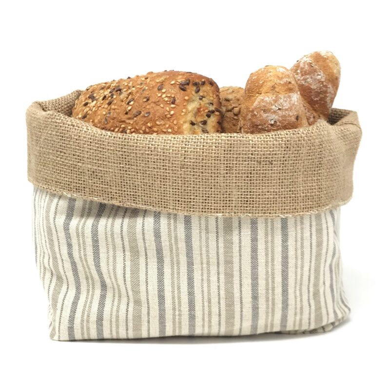 Gaidra Cesto Cestino Porta-Pane in Tessuto Iuta e Cotone Doubleface – Sacchetto di Design Fatto con qualità Artigianale in Fibre Naturali – Rigato, Grigio, 28 x 20 x 10 cm