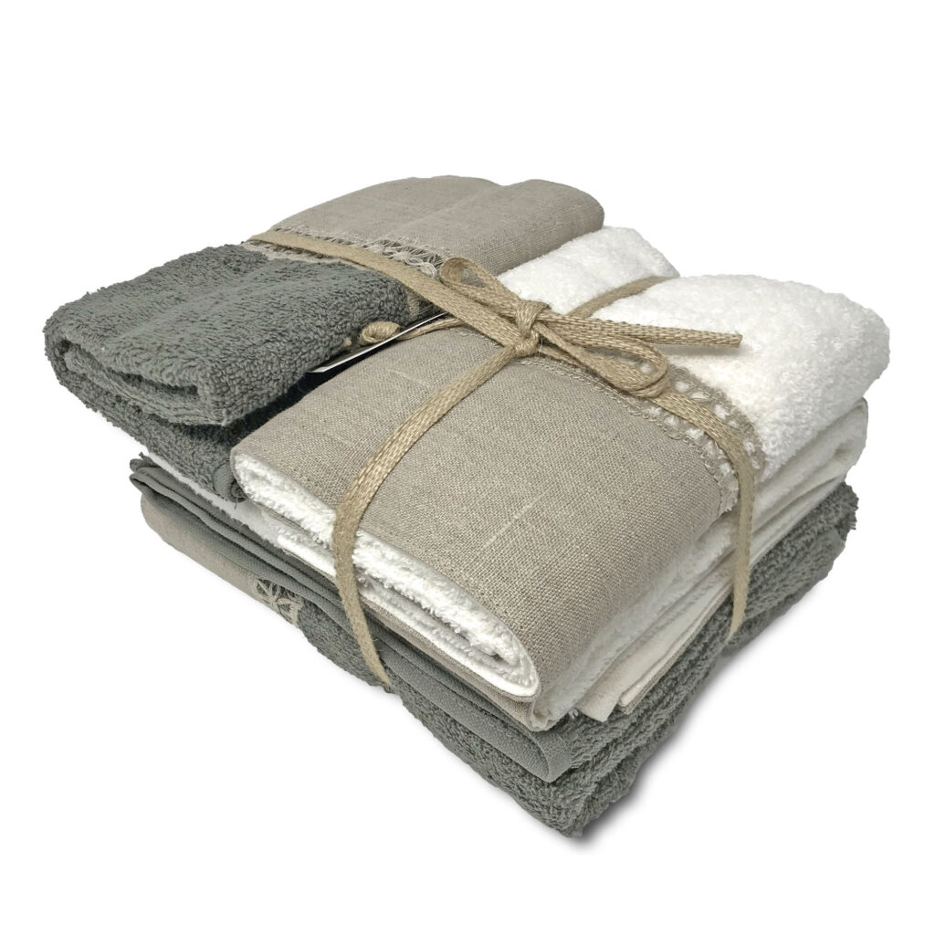 Set asciugamani in spugna con bordo in lino e gigliuccio, 2x asiug. ospite + 2x asicug. viso, colore grigio beige bianco