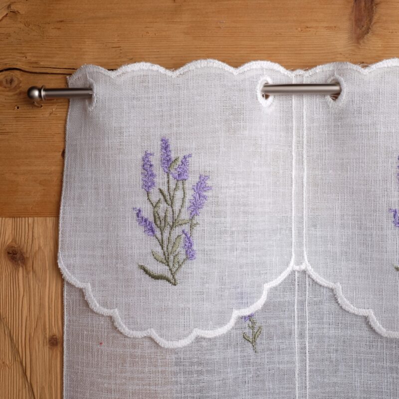 Tendina tenda a vetro in stile tirolese montagna, country shabby chic montagna, ricamata con fiorellini lavanda, m-5635