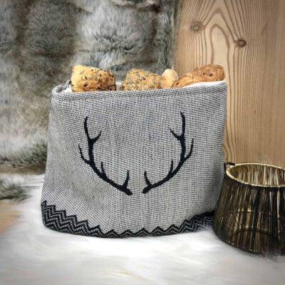 CORGN cesto sacchetto pane richiudibile, corna di cervo, stile tirolese montagna, Lana Merino e cotone, 20x12x16 cm, colore grigio