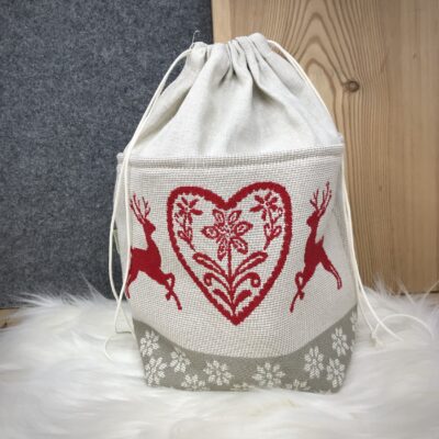 “Cervi e Cuore” cesto sacchetto pane richiudibile, stile tirolese montagna, 100% cotone, 20 x 15 x 20 cm, colore rosso e beige