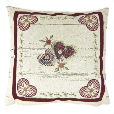 Cuscino federa in tessuto gobelin shabby chic, cuori e fiori, 44×44 cm, alpinestyle