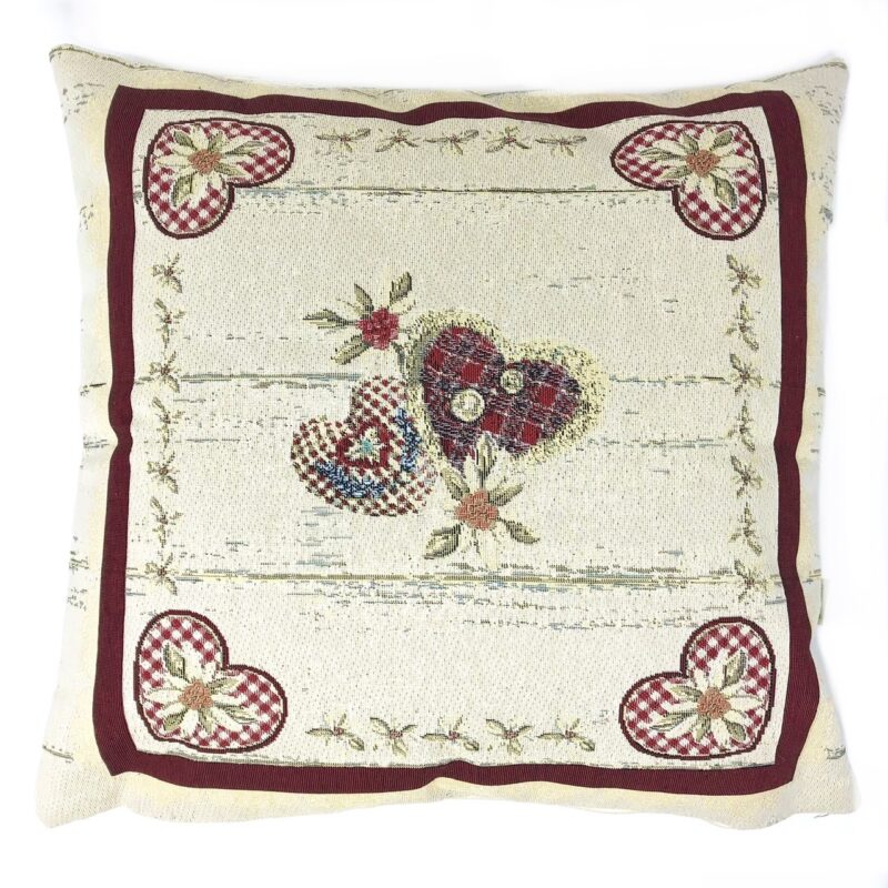 Cuscino federa in tessuto gobelin shabby chic, cuori e fiori, 44×44 cm, alpinestyle