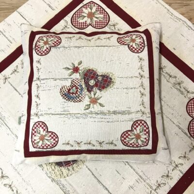 Cuscino federa in tessuto gobelin shabby chic, cuori e fiori, 44×44 cm, alpinestyle