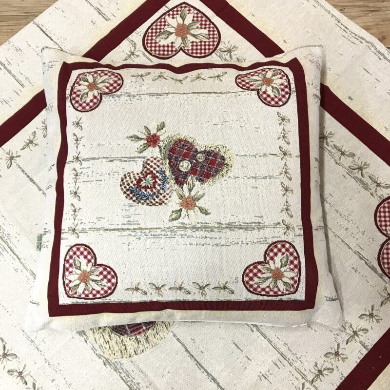 Cuscino federa in tessuto gobelin shabby chic, cuori e fiori, 44×44 cm, alpinestyle