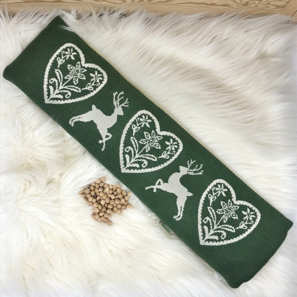 Cuscino con NOCCIOLI DI CILIEGIA, cervi, cuori e stelle alpine, stile tirolese montagna, 100% cotone, 50 x 14 cm, colore verde