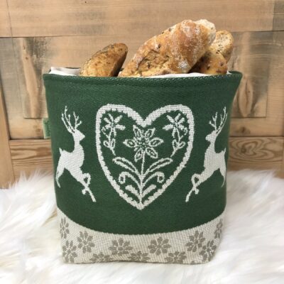 Cesto sacco pane richiudibile, cervi, cuore e stelle alpine, stile tirolese, fibre naturali, 15 x 15 x 18 (30) cm, colore verde