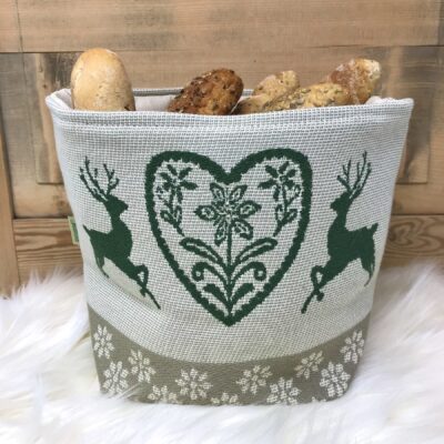 Cesto sacco pane richiudibile, cervi, cuore e stelle alpine, stile tirolese, fibre naturali, 20 x 15 x 20 cm, colore beige e verde