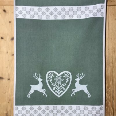 Cuscino con NOCCIOLI DI CILIEGIA, cervi, cuori e stelle alpine, stile tirolese montagna, 100% cotone, 50 x 14 cm, colore verde
