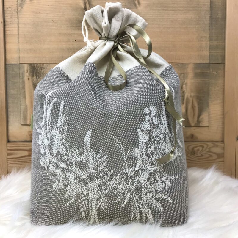 Cesto sacco pane richiudibile, corna con fiori, stile tirolese, lino e cotone, 20 x 15 x 20 cm, colore grigio tortora