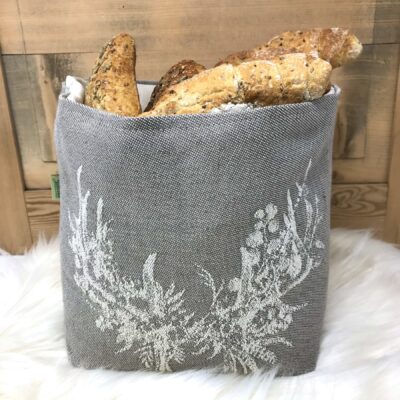 Cesto sacco pane richiudibile, corna con fiori, stile tirolese, lino e cotone, 20 x 15 x 20 cm, colore grigio tortora