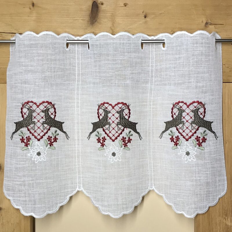 Tendina a vetro tirolese, montagna, country shabby chic, ricamata, cervi e cuore – 6357, altezza 35 cm