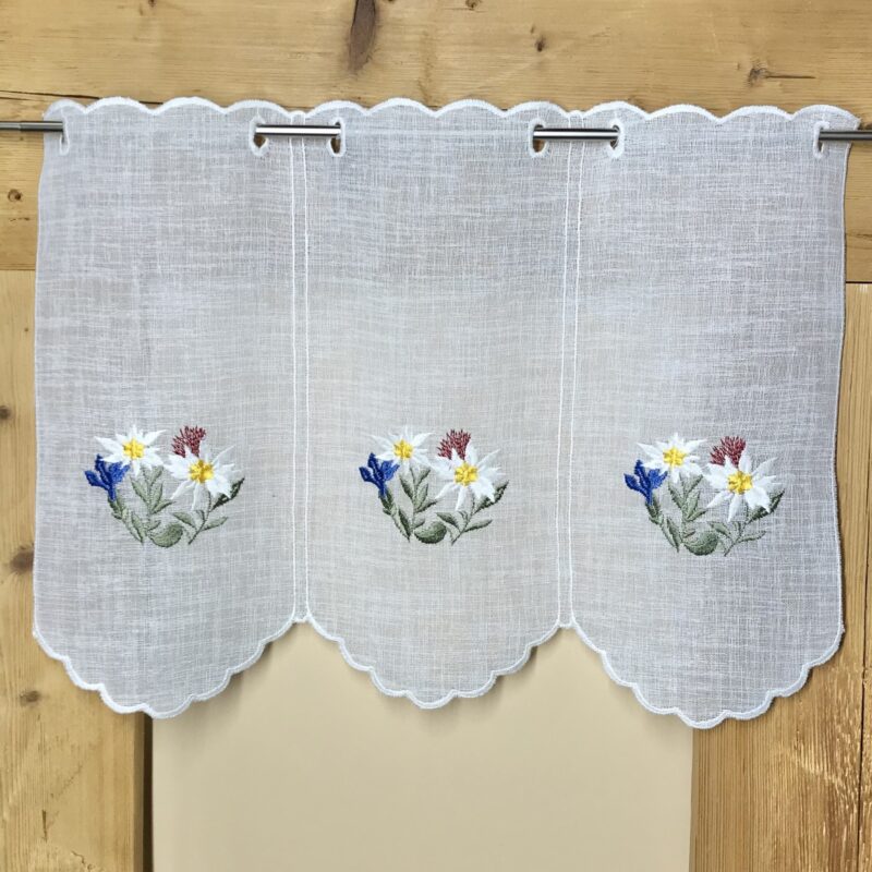 Tendina a vetro tirolese ricamata, montagna, genziane stelle alpine, country shabby chic – 6965, altezza 35 cm