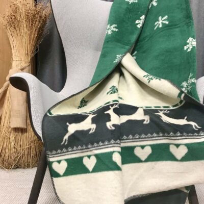 Coperta cervo e stelle alpine, beige marrone double face, morbida misto cotone