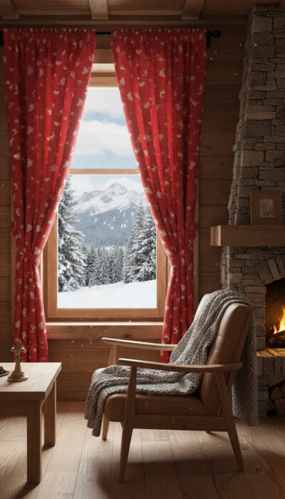 Tenda su misura tirolese country montagna, scoiattoli e cervi doubleface, coprente, GEO SCOIATTOLI