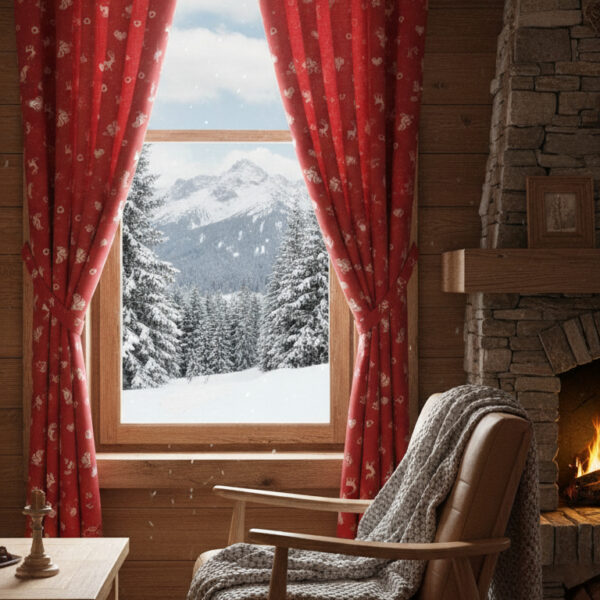 Tenda su misura tirolese country montagna, scoiattoli e cervi doubleface, coprente, GEO SCOIATTOLI