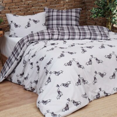 Copripiumino bassotti e scozzese, doubleface colore tortora, per letto matrimoniale, singolo e piazza e mezza