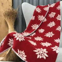 Coperta di lana con stelle alpine, stile tirolese, colore antracite stelle alpine rosse, singola e matrimoniale