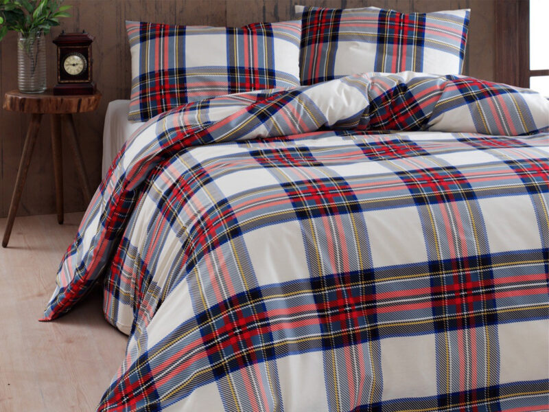 Parure copripiumino scozzese in puro cotone, TARTAN bianco rosso