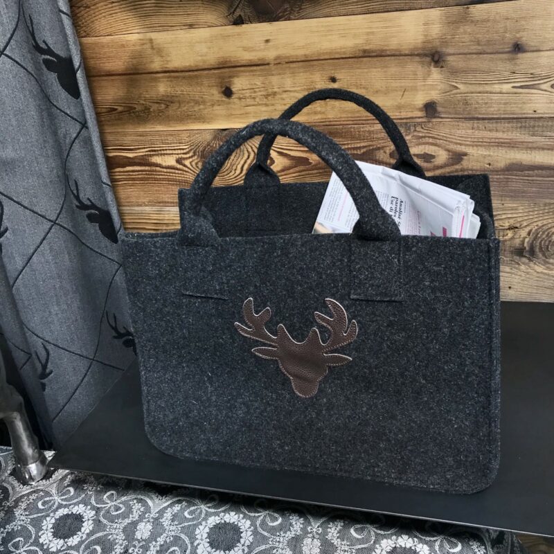 Borsa in feltro, stile montagna con testa di cervo in cuoio, porta lavoro, legna, giornali, giocattoli, da decorazione, colore nero