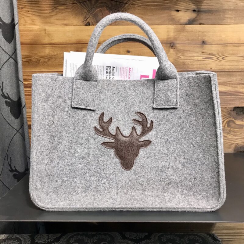 Borsa in feltro, stile montagna con testa di cervo in cuoio, porta lavoro, legna, giornali, giocattoli, da decorazione, colore grigio