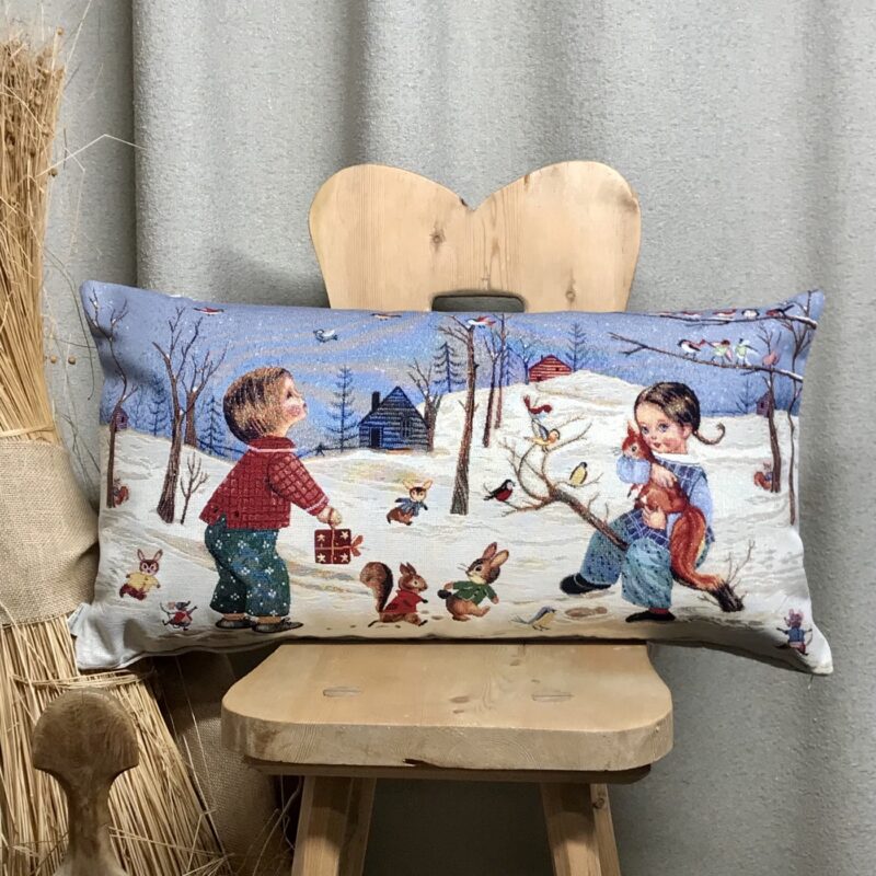 Cuscino con BAMBINI e paesaggio invernale, gobelin, 40×70 cm