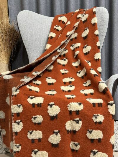 Coperta in lana cotta con PECORELLE, stile montagna, colore bruciato mattone, 150×170 cm
