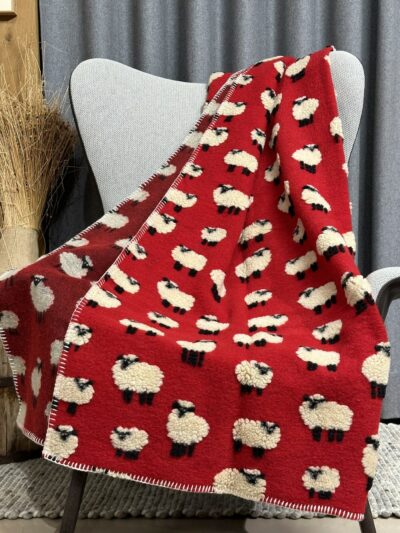 Coperta in lana cotta con PECORELLE, stile montagna, colore rosso, 150×170 cm