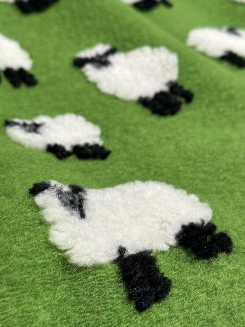Coperta di lana con PECORELLE, stile montagna, colore verde chiaro, 150×170 cm