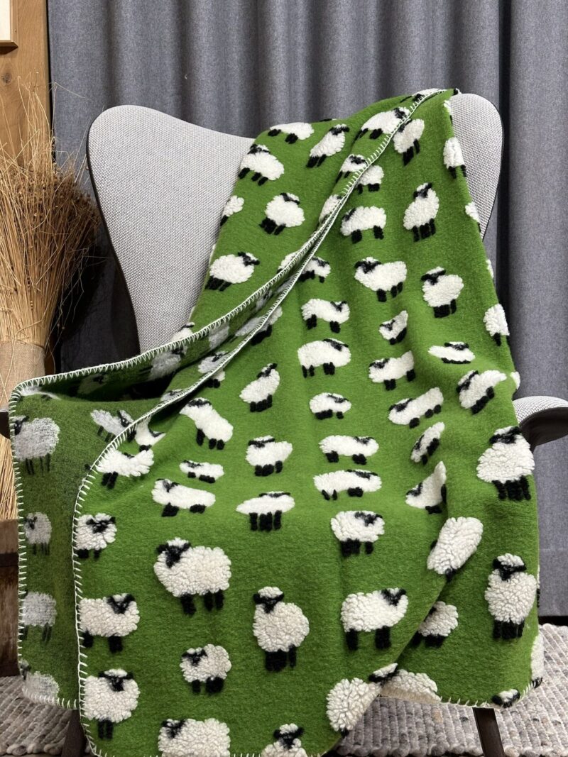 Coperta di lana con PECORELLE, stile montagna, colore verde chiaro, 150×170 cm