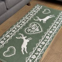 Tappeto per cucina, bagno, scendiletto e soggiorno, Tirolese con CERVI, doubleface grigio ecrù