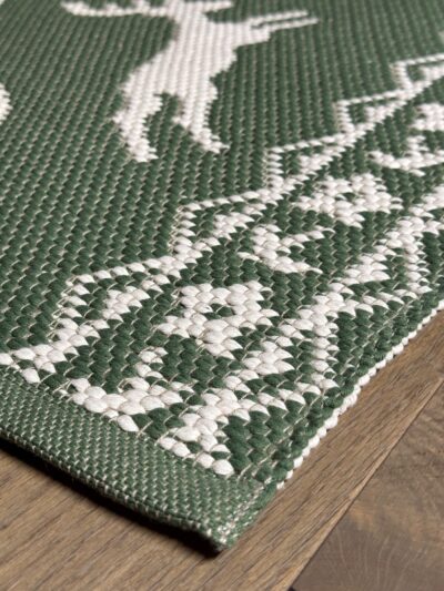 Tappeto Tirolese con CERVI E CUORE, doubleface verde ecrù, 60×120 cm