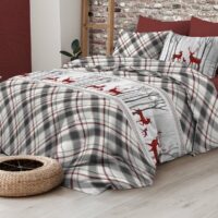 Tenda rossa con ricamo cervo, montagna e baita, paesaggio di montagna con anelli fissi, PLANAY ROUGE 135×260