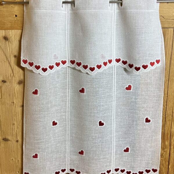 Tenda per Cucina Ricamata a Vetro con Cuori Rossi, Design Tirolese, Z-3717