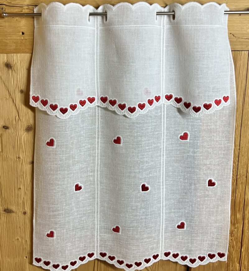 Tenda per Cucina Ricamata a Vetro con Cuori Rossi, Design Tirolese, Z-3717