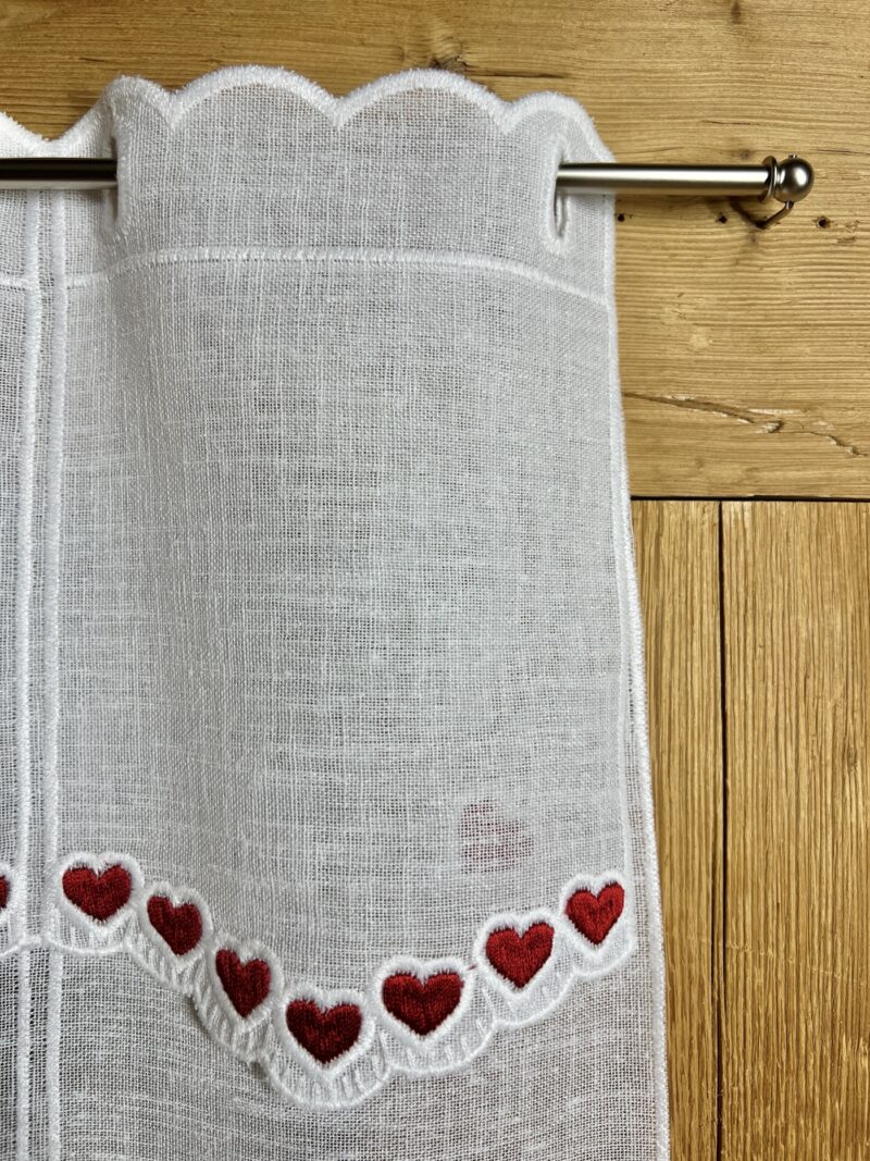 Tenda per Cucina Ricamata a Vetro con Cuori Rossi, Design Tirolese, Z-3717