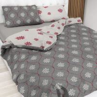 Parure copripiumino con gnomi foletti cervi e paesaggio invernale, stile tirolese, in puro cotone – FIABA tortora