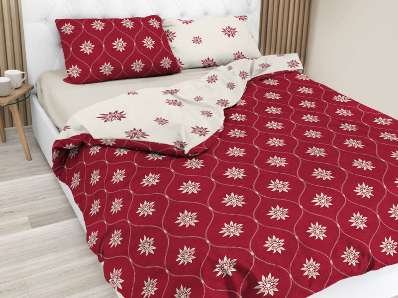Parure copripiumino con stelle alpine, double face, stile tirolese, in puro cotone – CHARMANT bordeaux