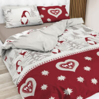 Parure copripiumino con gnomi foletti cervi e paesaggio invernale, stile tirolese, in puro cotone – FIABA tortora