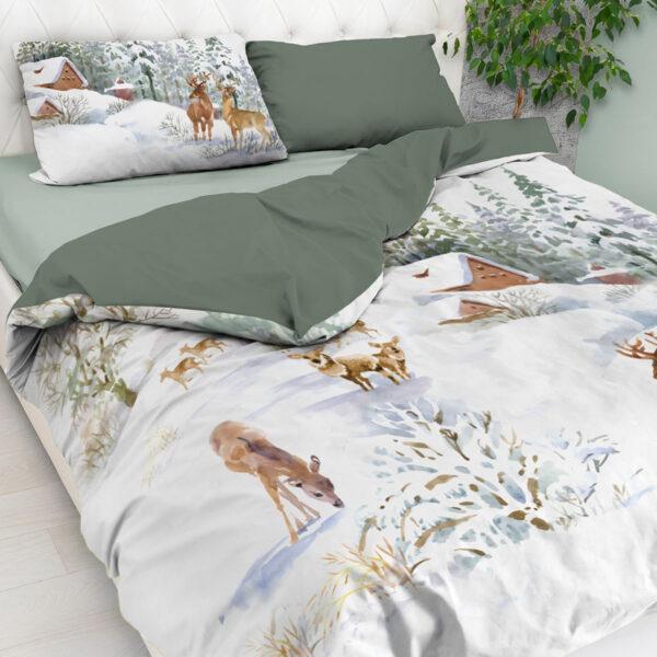 Parure copripiumino paesaggio invernale con bamby e cervo, acquarello, in puro cotone – WHITE MOUNTAIN