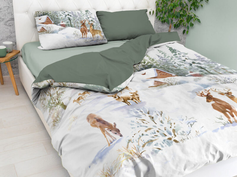 Parure copripiumino paesaggio invernale con bamby e cervo, acquarello, in puro cotone – WHITE MOUNTAIN