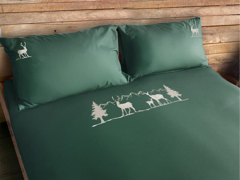 Parure copripiumino satinato ricamo montagna e cervi – MOUNTAIN verde