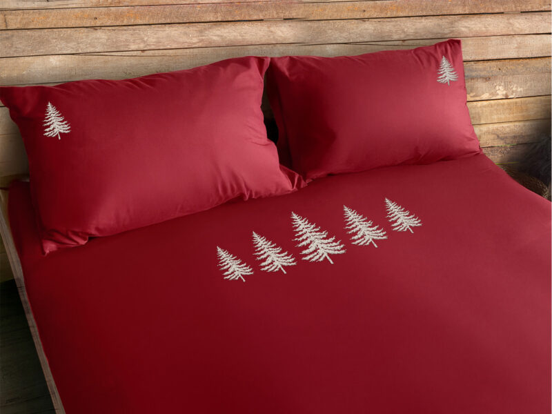Parure copripiumino satinato ricamo alberi – TREE bordeaux