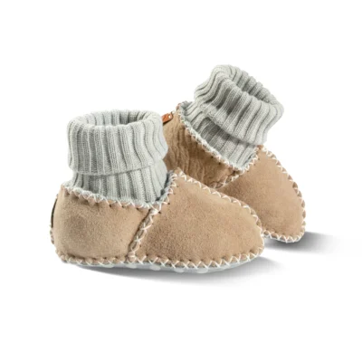 Scarpine babbucce portafortuna per neonato in pelliccia con antiscivolo, colore beige