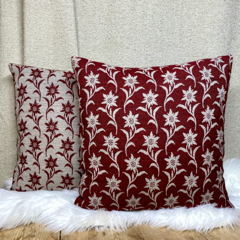 Cuscino Alpino Elegante con Motivo Floreale Stella Alpina 44×44 cm, effetto Lana, Bordeaux