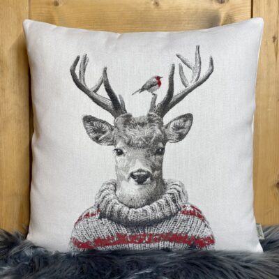 Cuscino Decorativo Cervo con maglione, 44×44 cm, Stile Montagna Chalet