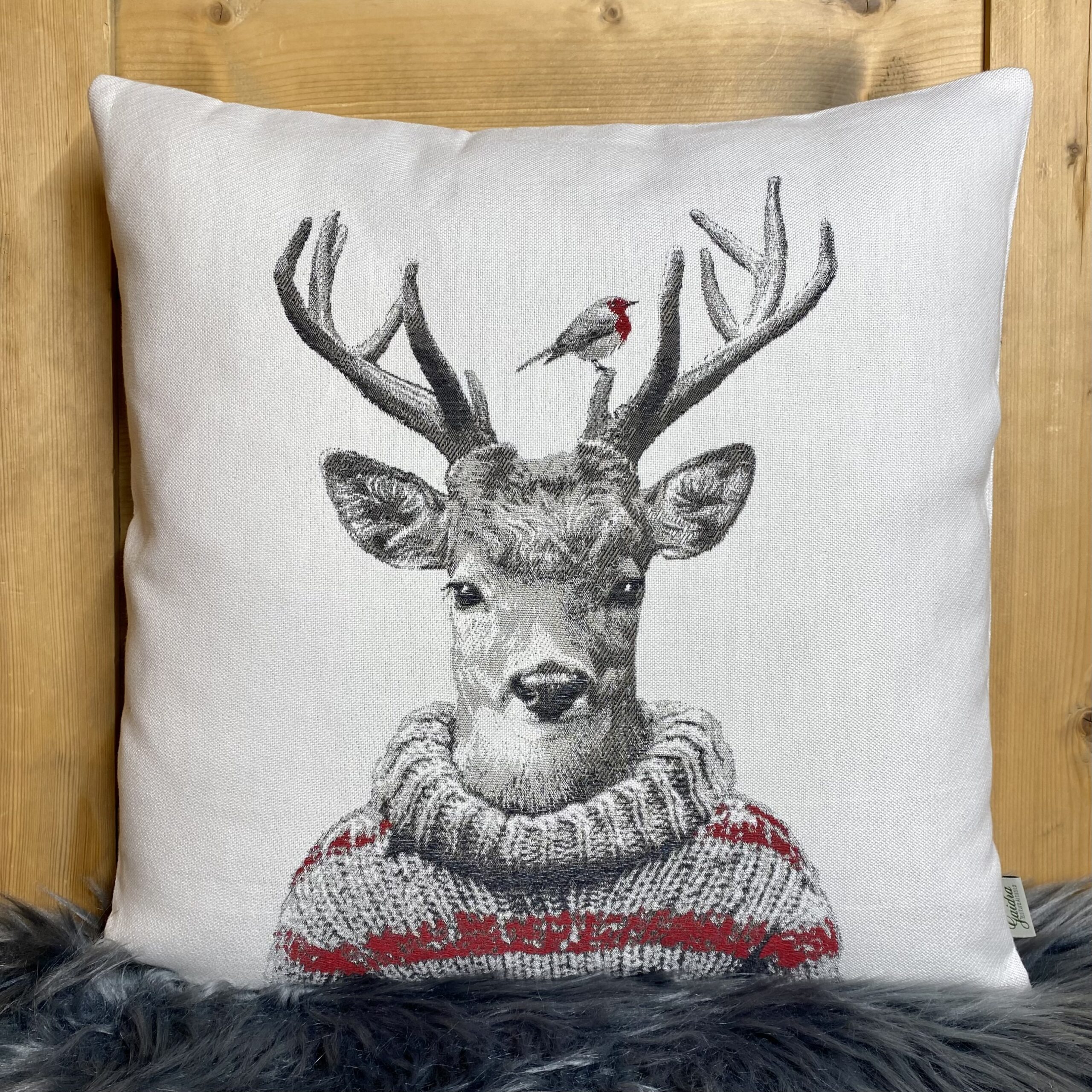 Cuscino Decorativo Cervo con maglione, 44×44 cm, Stile Montagna Chalet Cuscino Decorativo Cervo con maglione, 44×44 cm, Stile Montagna Chalet